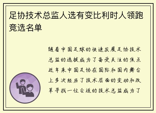 足协技术总监人选有变比利时人领跑竞选名单