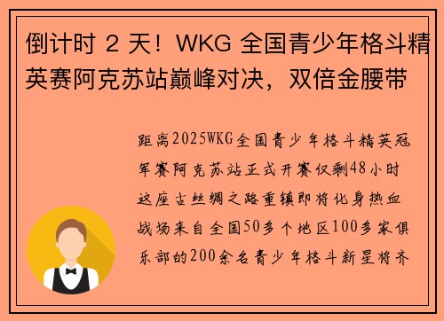 倒计时 2 天！WKG 全国青少年格斗精英赛阿克苏站巅峰对决，双倍金腰带悬念待解